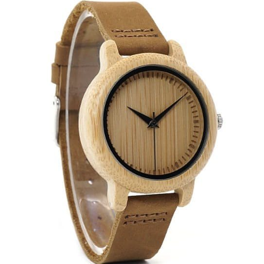 En unik, ekologisk, handgjord klocka av naturmaterial. Bambu och äkta skinn i en hällig mix. Här den lilla modellen med 38mm diameter
