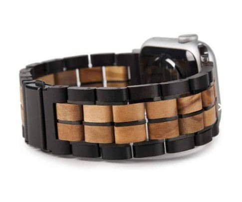 Förnya din Appleklocka med ett armband av svart Ebony och Zebraträ. Tre rader med tunna länkar i svarteloxerat rostfritt stål