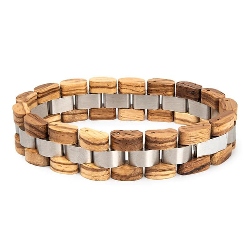 Ett unikt, ekologiskt, handgjort armband av naturmaterial. Rostrfitt stål och Zebraträ.